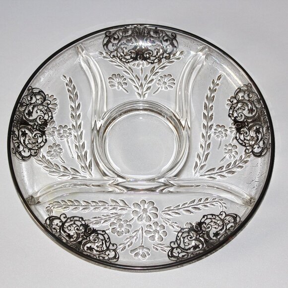 Vintage Glass Divided Serving Dish | Silver Overlay Divided Round Platter - Picture 1 of 6